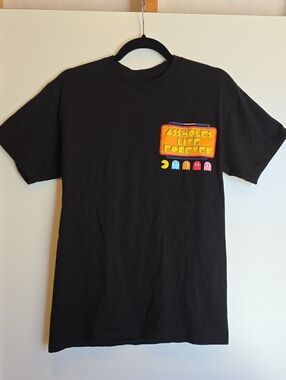 LINDA FINEGOLD Black Tee with Colorful Arcade Pac-Man Graphics